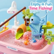 Pink Water Table for Girls/ 2–7 Years,20 in/51 cm, Outdoor Sensory Toys , Gift for Kids Outdoor Play Table with Pump & Running Water, Fishing Game.