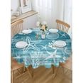 thumbnail image 5 of Ocean Round Tablecloth 60 inches Summer Beach Sea Star Coral Shell Teal Texture Waterproof Oil-Proof Table Cloth Round Table Cover for Holiday Party Picnic Dinner Decor Indoor and Outdoor Use, 5 of 9