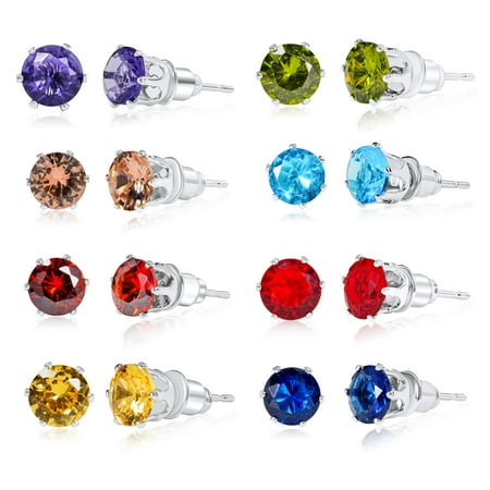 JeenMata 8 Pairs Assorted Color Stone Solitaire Stud Earrings Set for Women - Everyday Earring Bundles