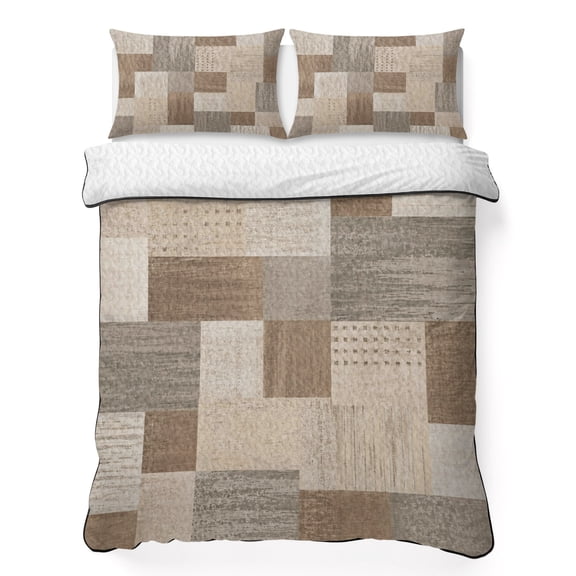 Quilts Twin XL Size Bedding Set, Brown Beige Checked Lightweight Quilted Comforter, Vintage Buffalo Plaid Farmhouse Soft Reversible Bedspread Coverlet with Pillow Covers for All Season, 68" x 98"