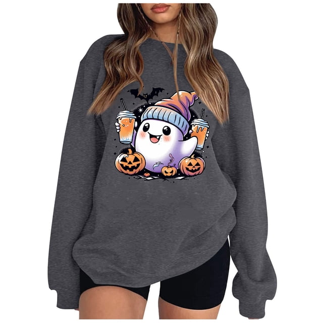 Pisexur Chandail en Molleton d'Halloween pour Femmes en Molleton Ample Automne Orange Manches Longues Col Rond Mode Citrouille Graphique Chandails en Molleton Chandails à Capuchon d'Halloween Chandail