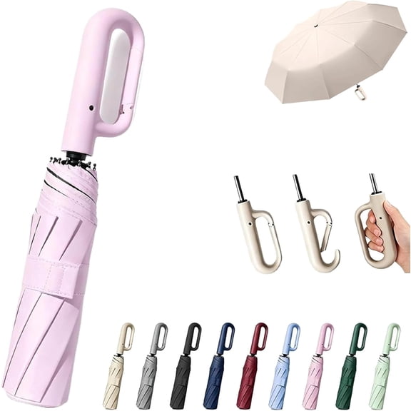 Creative Ring Buckle Windproof Reinforced Umbrella | Portable Automatic Folding Umbrella with Hook, Carabiner Handle & Reflective Trim for all Weather, Automatic Open Close