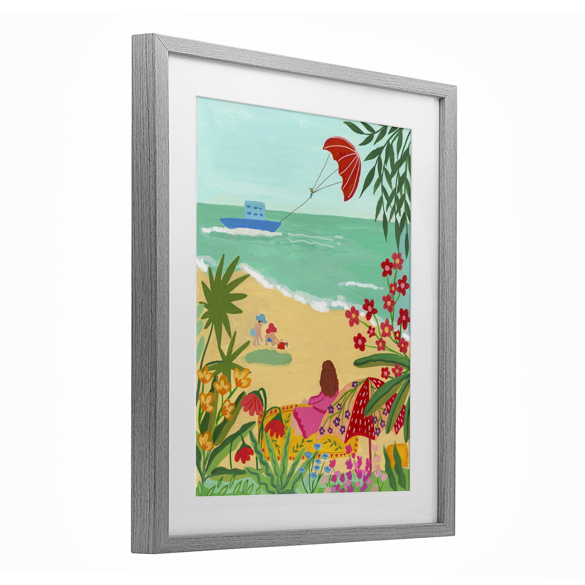 Beach And Flowers View Gray Framed Print Under Glass, design by Nabeela Rumi