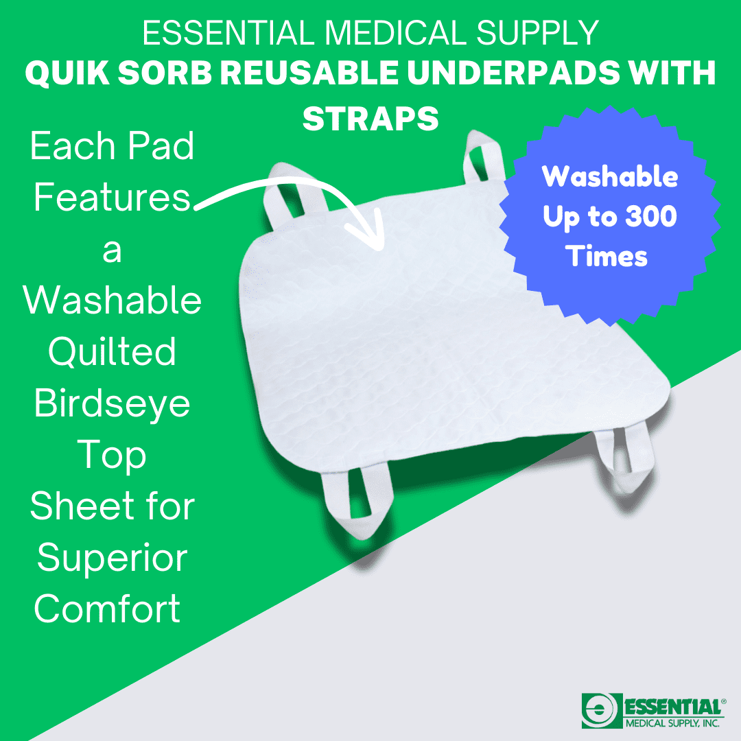 Essential Medical Supply Quik-Sorb 34" x 35" Quilted Reusable Underpad with 4 Straps - Waterproof Incontinence Bed Pads for Adults and Seniors, Washable Bed Pads with Handles for Caregivers