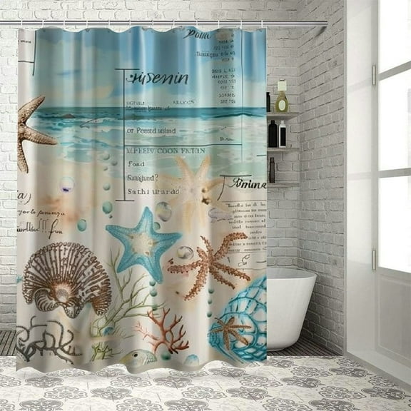 Fenyluxe Coastal Beach Shower Curtain Seashell Starfish Conch Tropical Ocean Animal Nautical Theme Vintage Watercolor Bathroom Decor Curtain Polyester with Hooks White