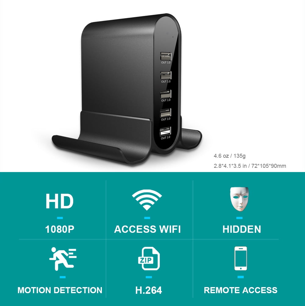 CAMDUCK New Hidden Camera Detector with Charger, 1080P WiFi Security Portable Camera, Mini Nanny Cam with Loop Working for Indoor Surveillance, No Audio up to 128GB SD Card (Not Included)