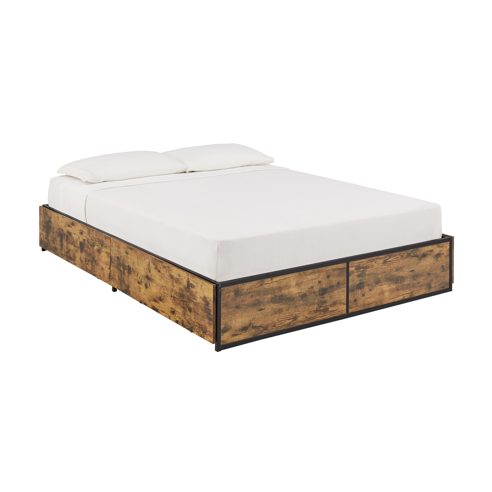 Weston Home Utica Wood Finish Panel Black Metal Platform Bed with Storage Drawers, Queen Size