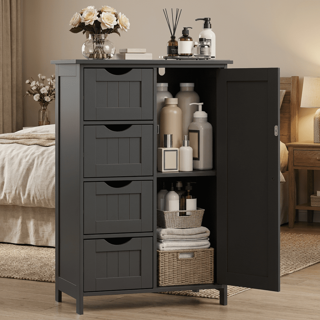 Ledrem Black Freestanding Storage Unit, 1-Door Cupboard with Adjustable Shelves