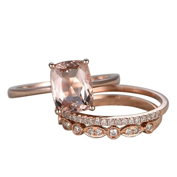 10mm Cushion 5 Carat Solitaire Morganite Wedding Set Diamond Moissanite Bridal Ring 10k Rose Gold Art Deco Matching Band