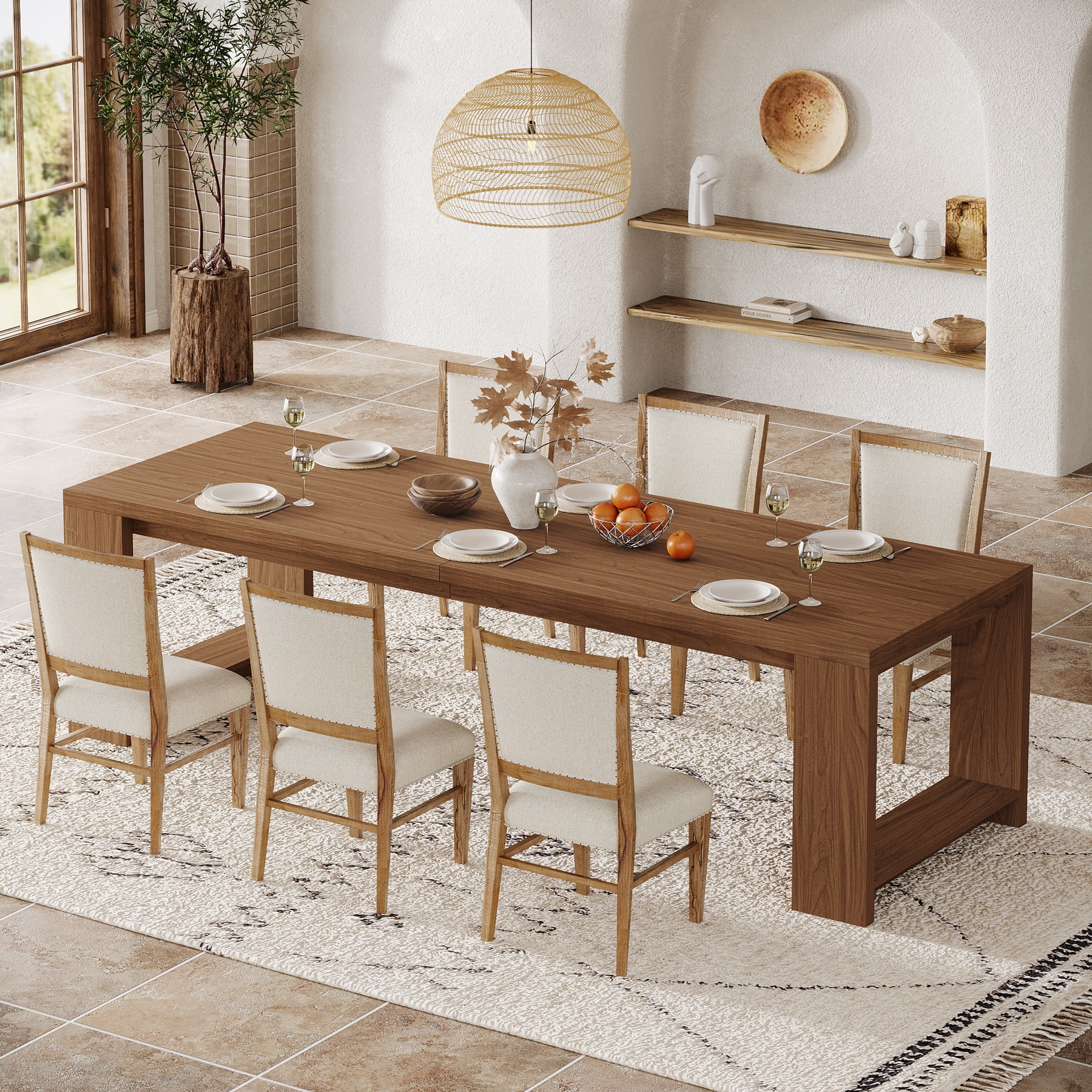 Tribesigns 86.61-inch Extra Long Dining Table for 6-8, Farmhouse Narrow Kitchen Table with Sturdy Legs, for Living Room, Dining Room, Walnut