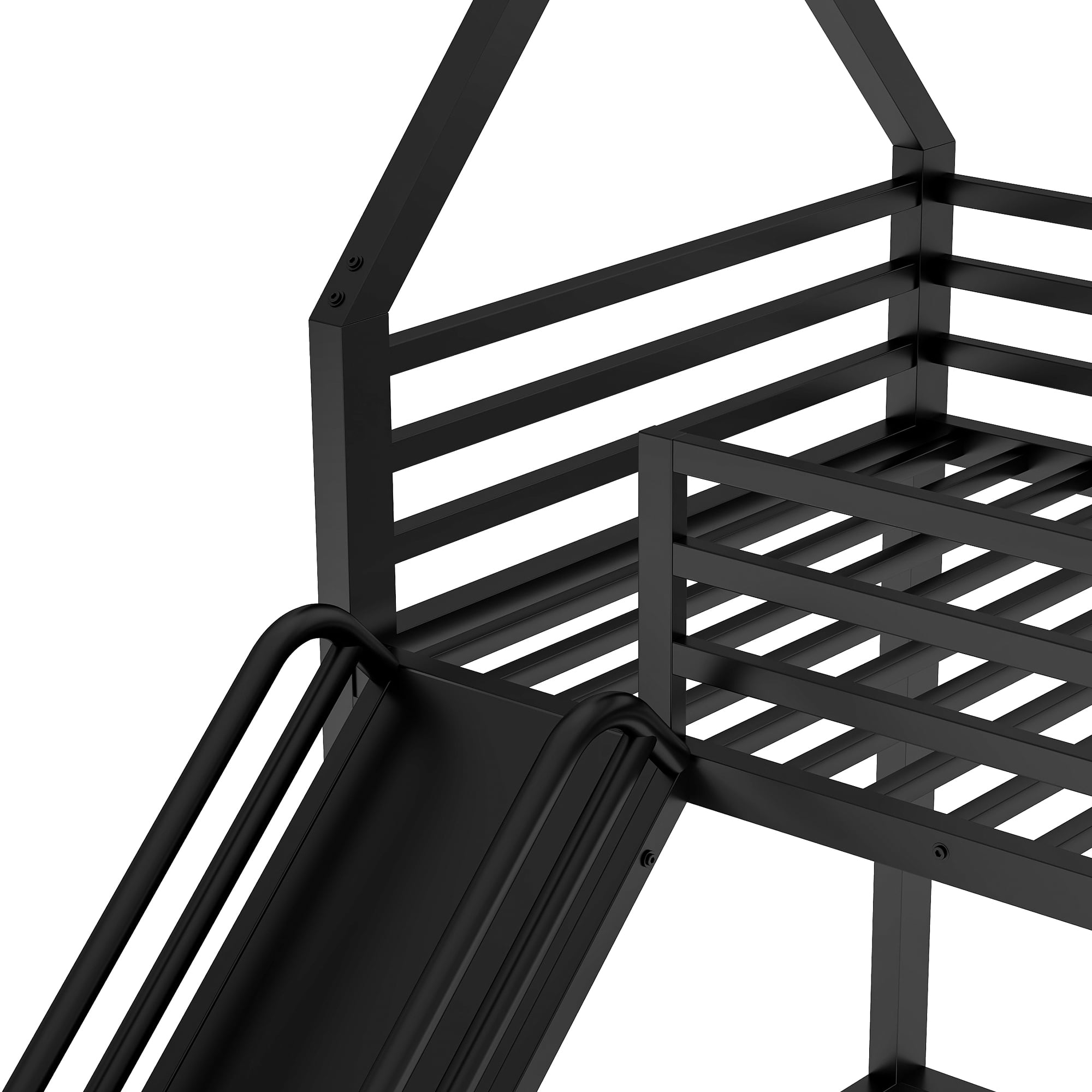 Euroco Twin over Twin House Bunk Bed with Ladder and Slide for Kids Teens Bedroom, Black