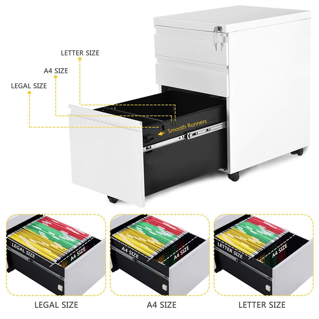 Home Office Sliding Rail Drawers File Storage Steel Movable File Cabinet with Keys & Casters