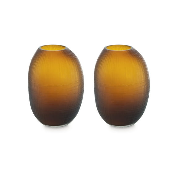 Signature Design by Ashley Embersen Amber Glass Decorative Vase Set of 2 - Tall 11" Indoor Fluted Accent Pieces with Grid Texture