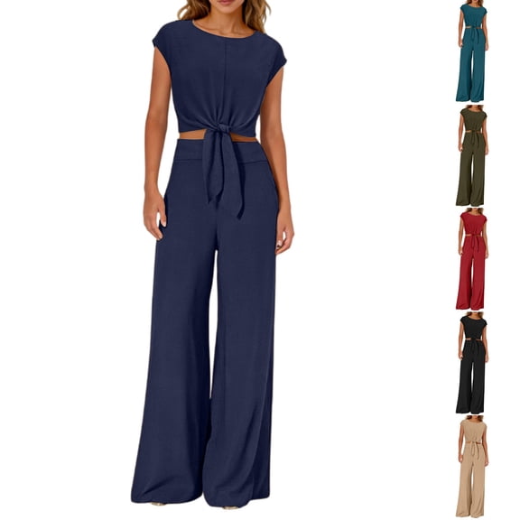 Women's 2 Piece Summer Outfit Cap Sleeve V Neck Belted Crop Top Wide Leg Pants