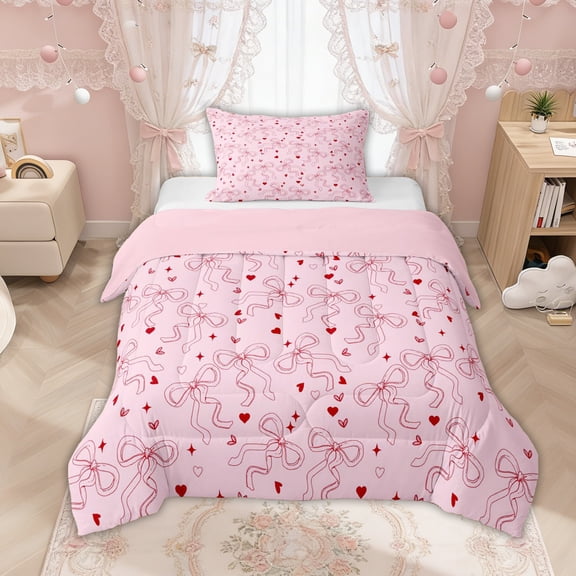 Manfei Pink Bow Love Heart Star Pink Print Twin Comforter Sets for Girls, Cute Bows Bedding Set, Pink Reversible, 2pcs