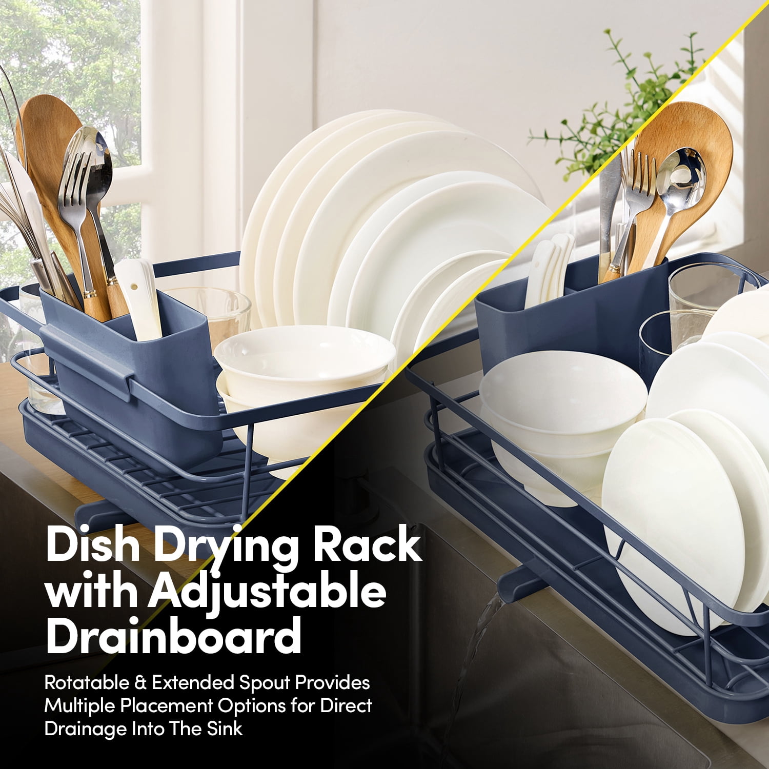 3-Piece Multi-Functional Dish Drying Rack with Drain Board & Utensil Holder, Navy Blue