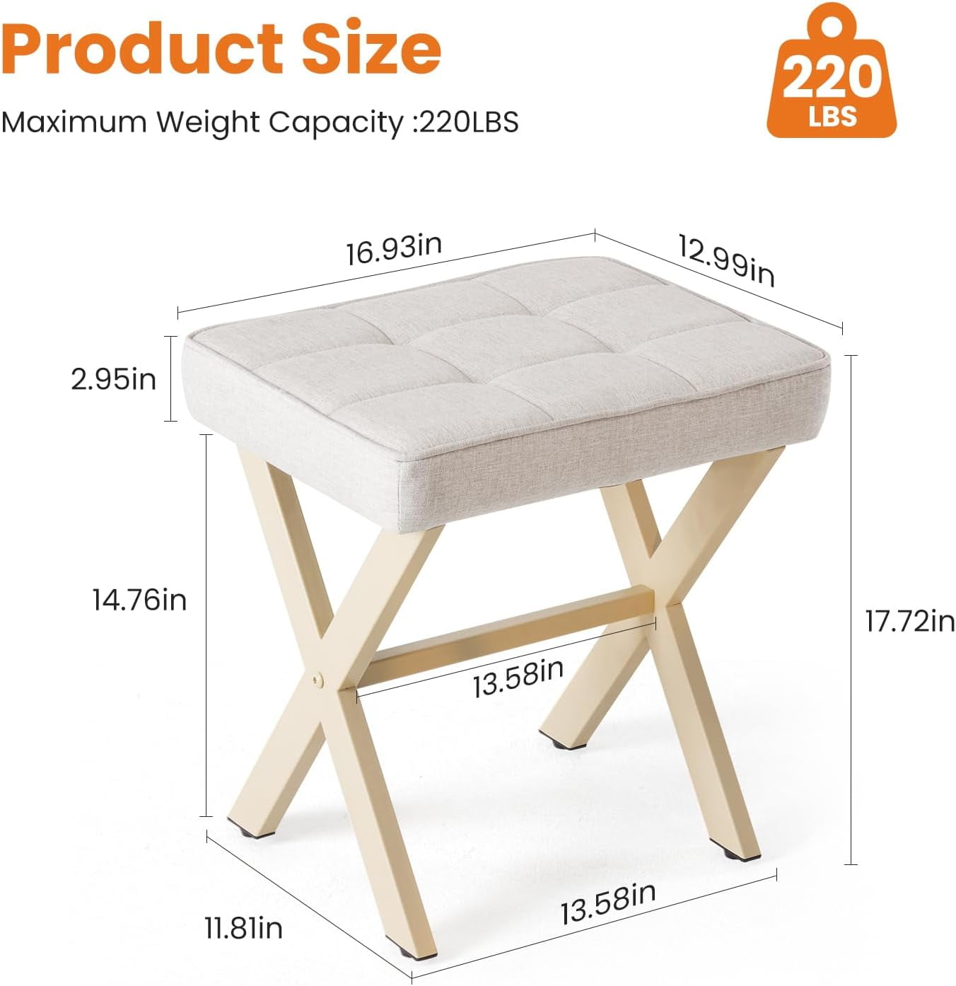 Linen Ottoman, 18" Makeup Vanity Stool, Small Square Padded Footrest for Bedroom, Living Room,Beige