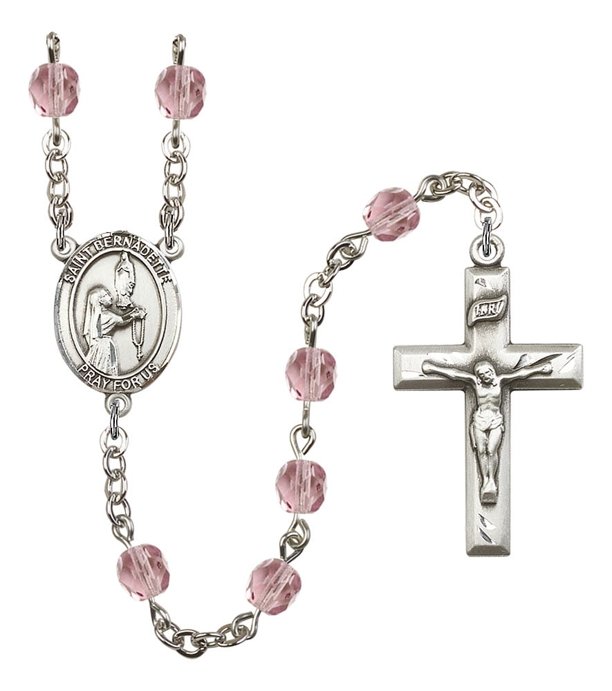 18-Inch Rhodium Plated Necklace with 6mm Light Rose Birthstone Beads and Sterling Silver Saint Bernadette Charm. 