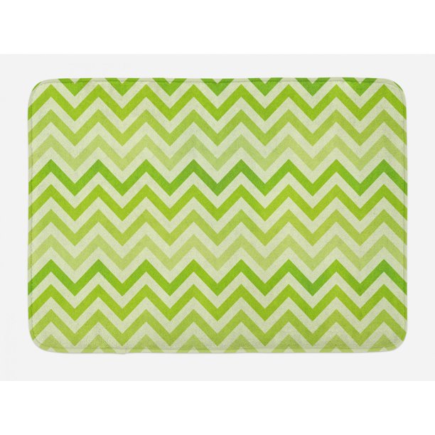 Lime Green Bath Mat, Chevron Traditional Zig Zag Pattern with Symmetric