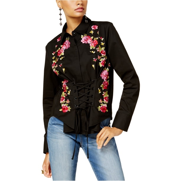 INC Camisa con botones y corsé bordado para mujer, negro, mediano I-N-C Camisa con botones