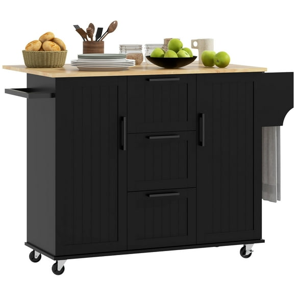 HOMCOM Kitchen Island on Wheels, Kitchen Cart with Drop Leaf Drawers Black
