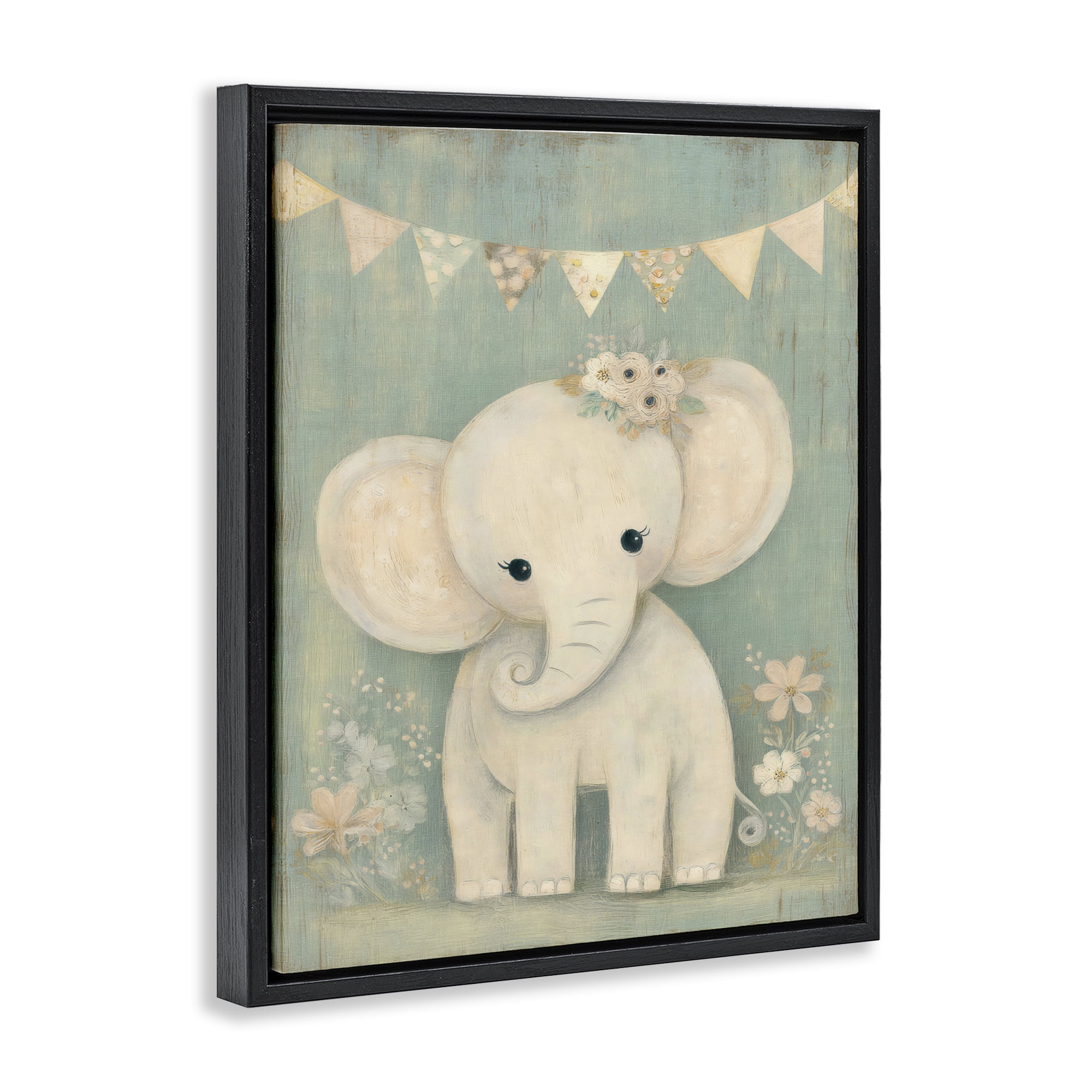 Stupell Industries Elephant with Overhead Banner Black Framed Floater Canvas Wall Art, design by Ink Drop Loft