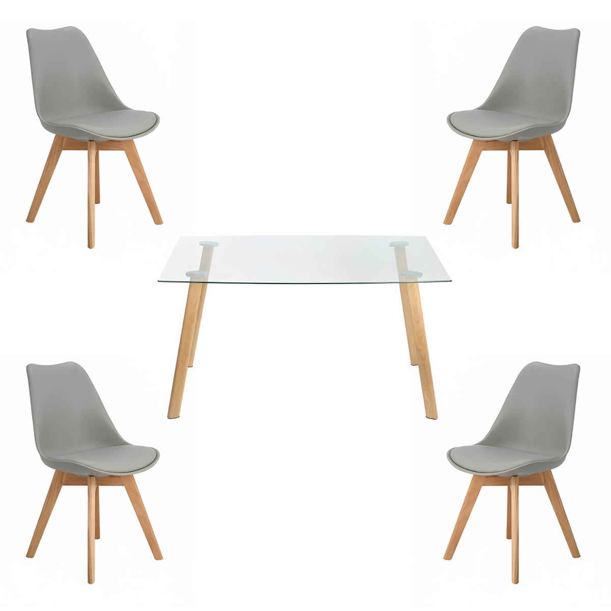 Comedor Mesa De Vidrio Nórdica 140X90 Cm + 4 Sillas Tulip Grises
