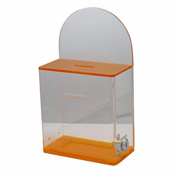 Acrylic Donation Suggestion collection Box Pre Drilled Holes For Wall mounted Or Retail Countertop Tip Box with round back wall display area 10 x 6 inches, Lock With set of keys(Neon Orange)