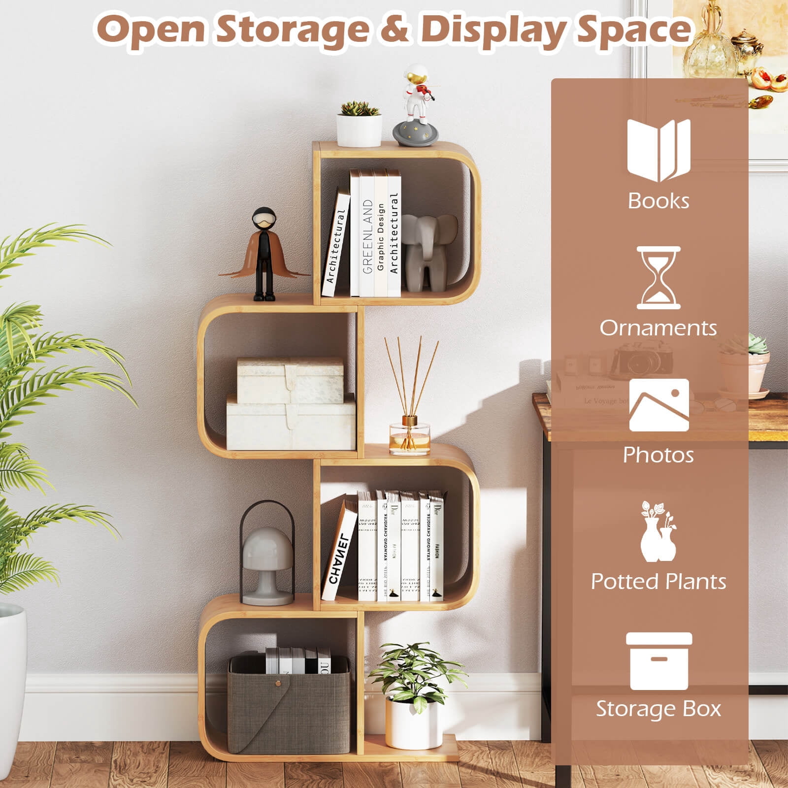 Costway 2 PCS 4-Tier S-Shaped Bookcase with 4 Open Cubes Geometric Corner Display Shelf