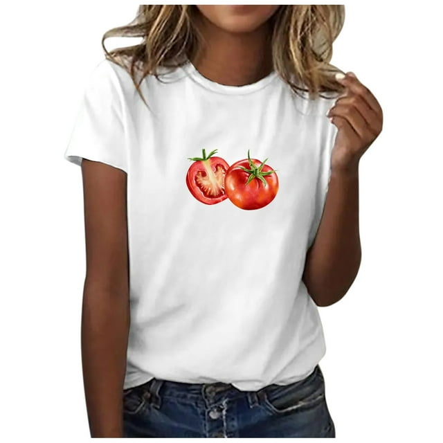 TSADFHJI T-Shirt Col en V pour Femmes Mode Été Décontracté Imprimé Fruits et Légumes Col Rond Manches Courtes T-Shirt 2 TG Beige