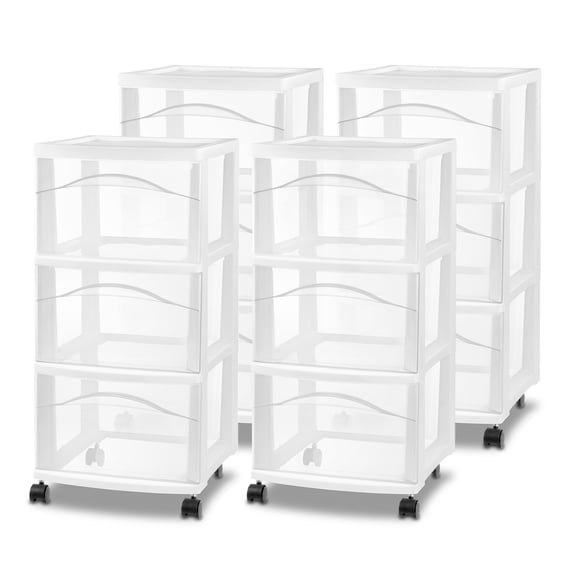 Sterilite 3 Drawer Storage Cart - Plastic Rolling Home Organizer - 4 Pack, White