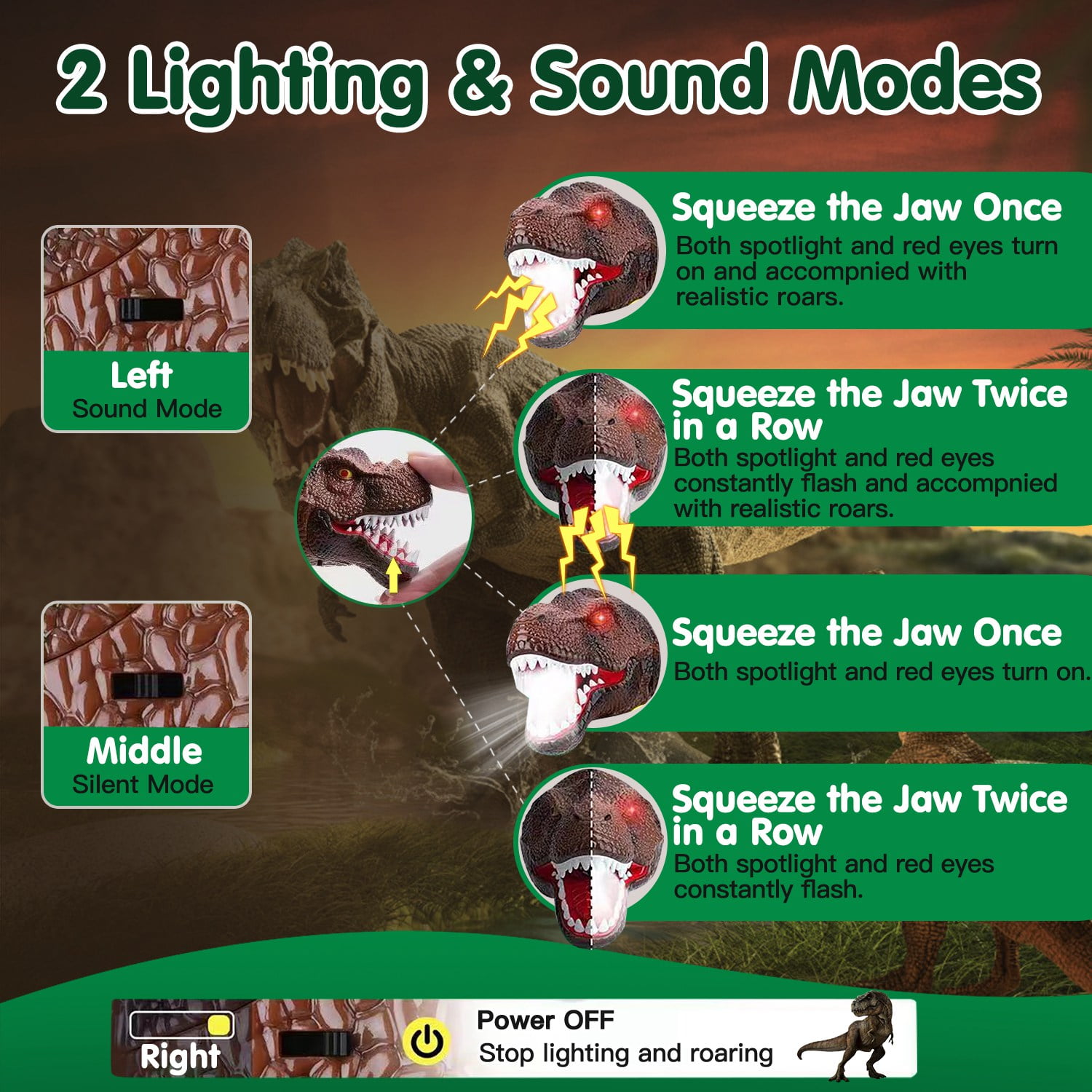 (Weiyi-EC)-- 1Pc Dinosaur Headlamp Kids Headlight Dinosaur Flashlight With Realistic Roar Sound 4 Modes Adjustable Headband Kid Camping Gear Unique Gifts For Boys **--（6lp;jg ）