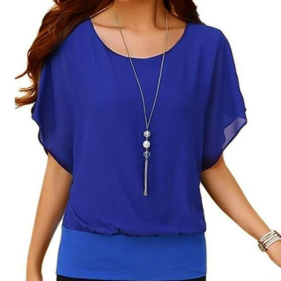 Kagetolytai Womens Tops Women's Loose Casual Short Sleeve Sleeve Chiffon Top T-Shirt Blouse Summer Tops for Women 2024 Blue M