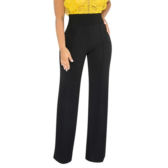 Clearance! Hontri Women Stretchy Straight Leg Pants Comfy Solid Classic High Waisted Wide Leg Long Bootcut Pant Slacks Work Office Plus Size Pants Black L