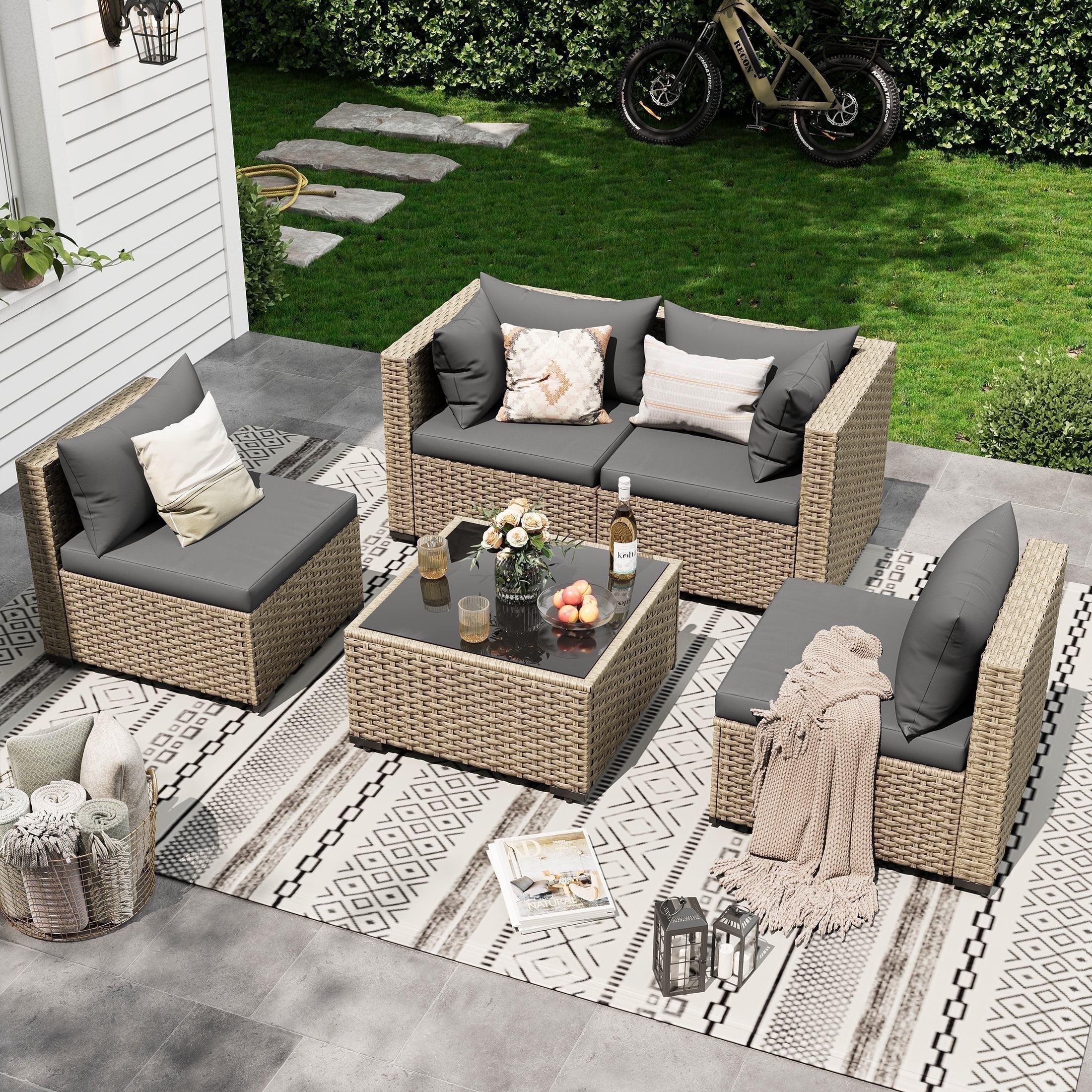 POTEBAN 5 Pieces Outdoor Patio Furniture Set, Outdoor Wicker Patio Conversation Set with Cushions for Backyard, Porch, Garden(Gray)