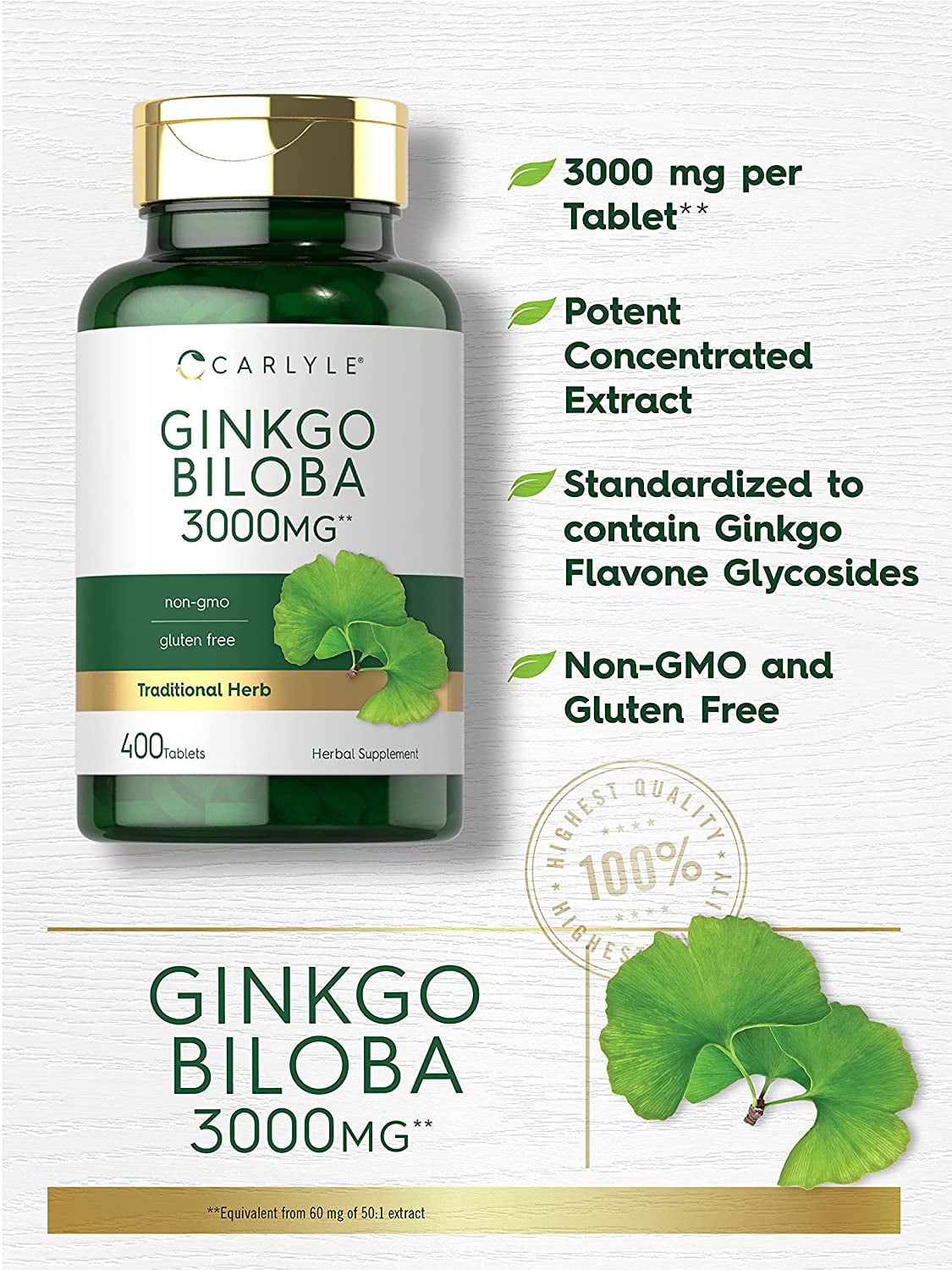Ginkgo Biloba 3000mg | 400 Tablets | Vegetarian Supplement for Men and Women | by Carlyle
