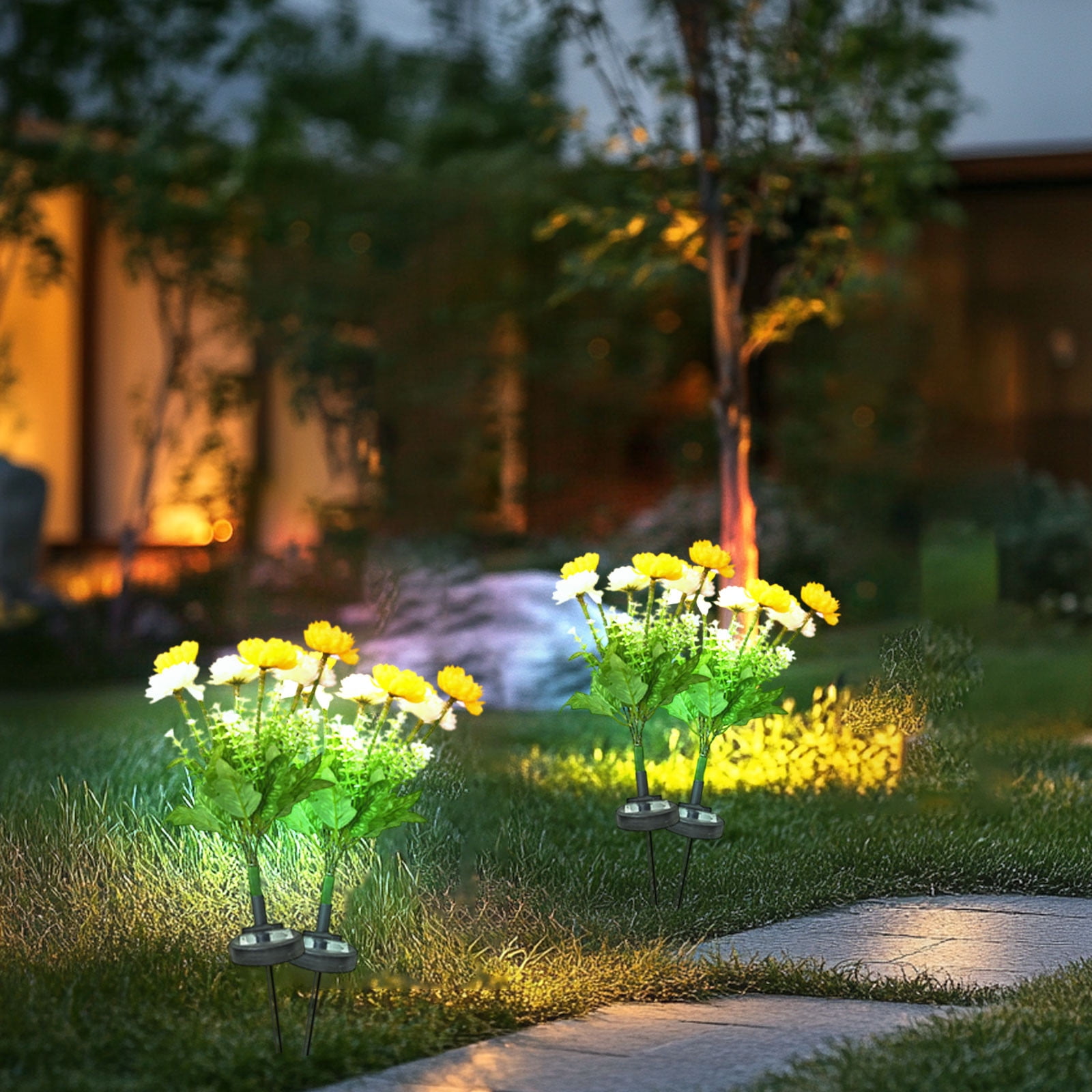 Solar Garden Lights LED Colorful Waterproof Realistic Solar Powered Snow Lotuss Landscape Lights Automatic Lighting In Darkness for Pathway Patio Yard Garden Decor (Yellow + White)
