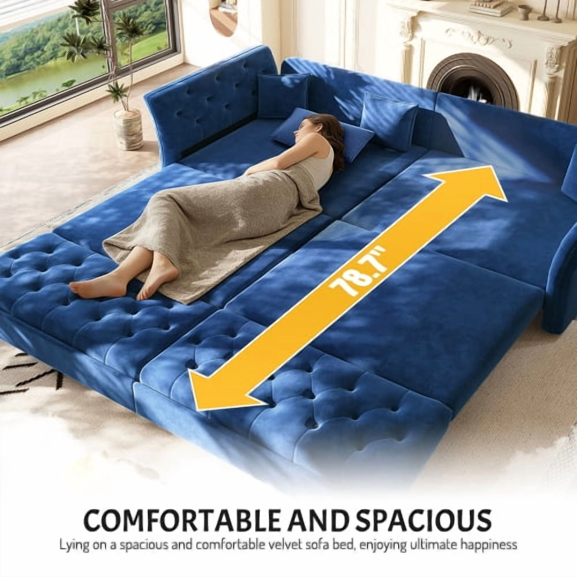 74.4" Queen Pull Out Sofa Bed, Convertible Sleeper Sofa with Handmade Fabric Flower Tufted Design, Multi-Functional Velvet Loveseat Bed for Living Room, Bedroom, Blue