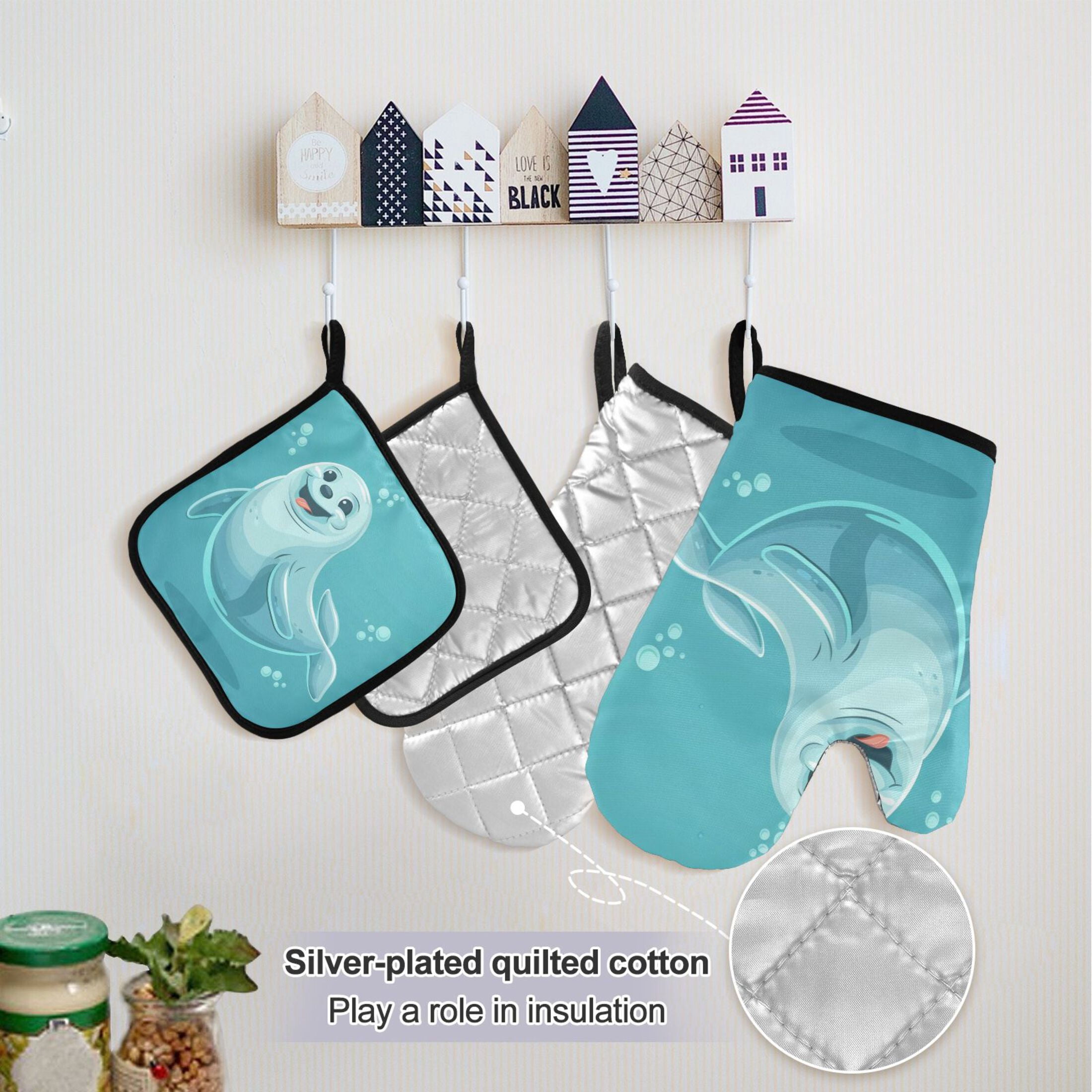 Cute Seal 5 Pcs Kitchen Set Heat Resistant Oven Mitts and Non-Slip Pot Holders with Adjustable Cooking Apron