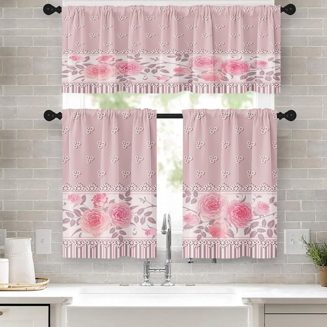 Pink Rose Kitchen Curtains Floral Window Curtains Valance and Tier Set 36 Inch, Romantic Flowers Delicate Rod Pocket Short Tier Curtain, Chic Classic Small Cafe Curtains for Kitchen Decor