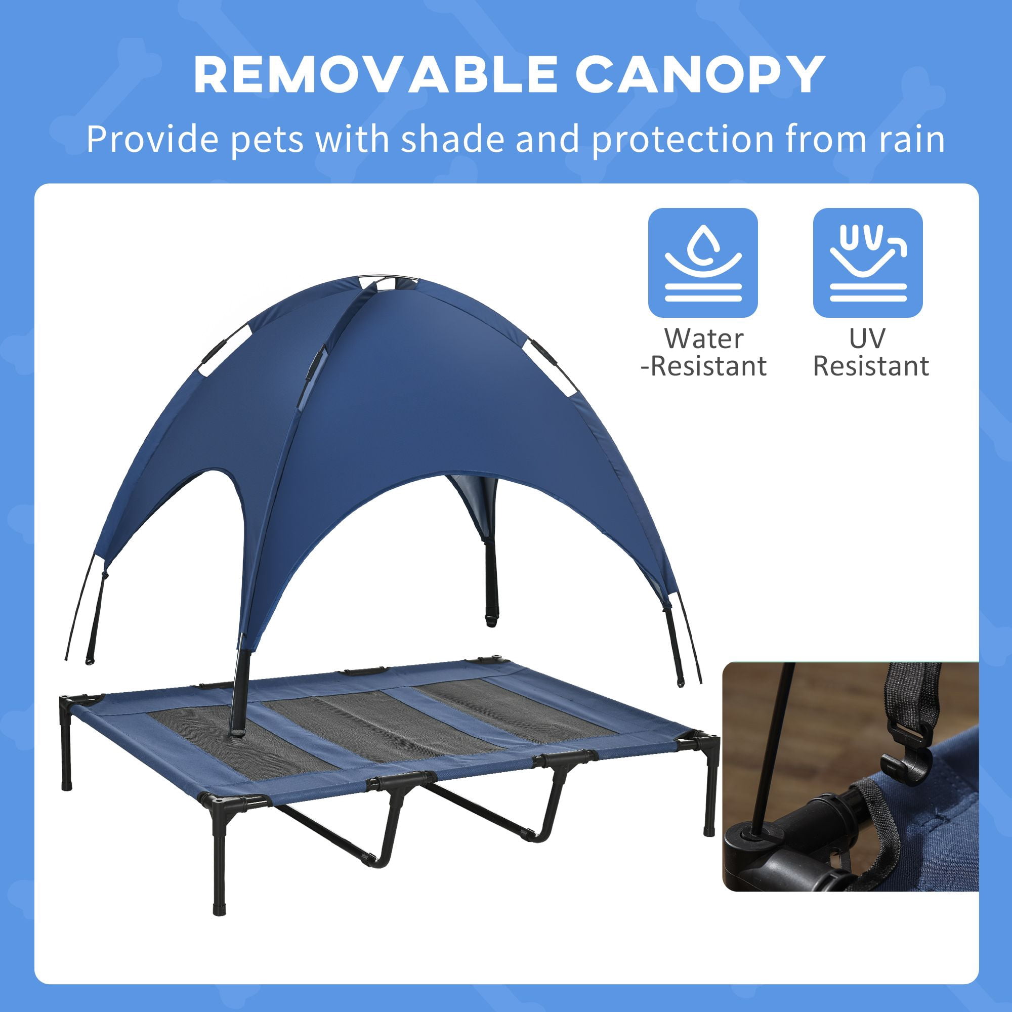 48" x 36" Elevated Dog Cot with Cooling Canopy Shade - Dark Blue Outdoor Pet Bed