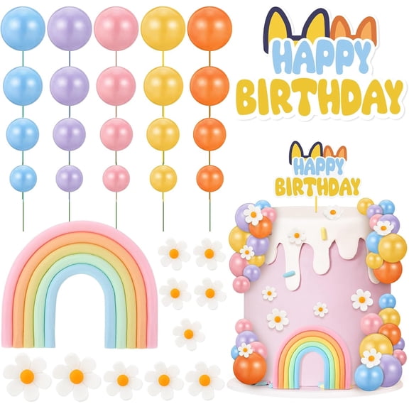 38 Pcs Rainbow Cake Topper with Daisy Balls Cake Topper, Pastel Cupcake Toppers Cake Decorations for Birthday Wedding Party Supplies