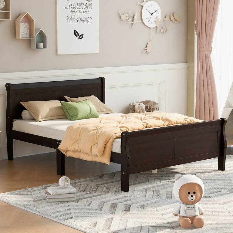 SYNGAR Espresso Solid Wood Queen Bed Frame with Headboard and