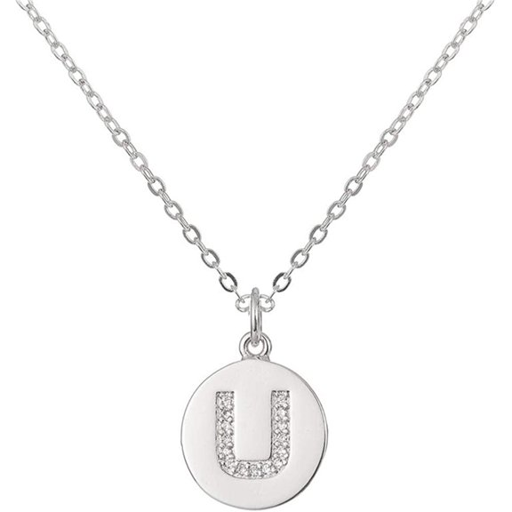 White Gold Plated Initial Disc A - Z Cubic Zirconia Letter Pendant Mens Womens Necklace, Giorgio Bergamo Silver, U