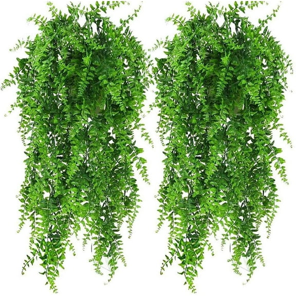 Morttic 2pcs Boston Fern Bush Outdoor Artificial UV Resistant Fake Vine Plants Decor Plastic Greenery Artificial Plants Vines Hanging Plant