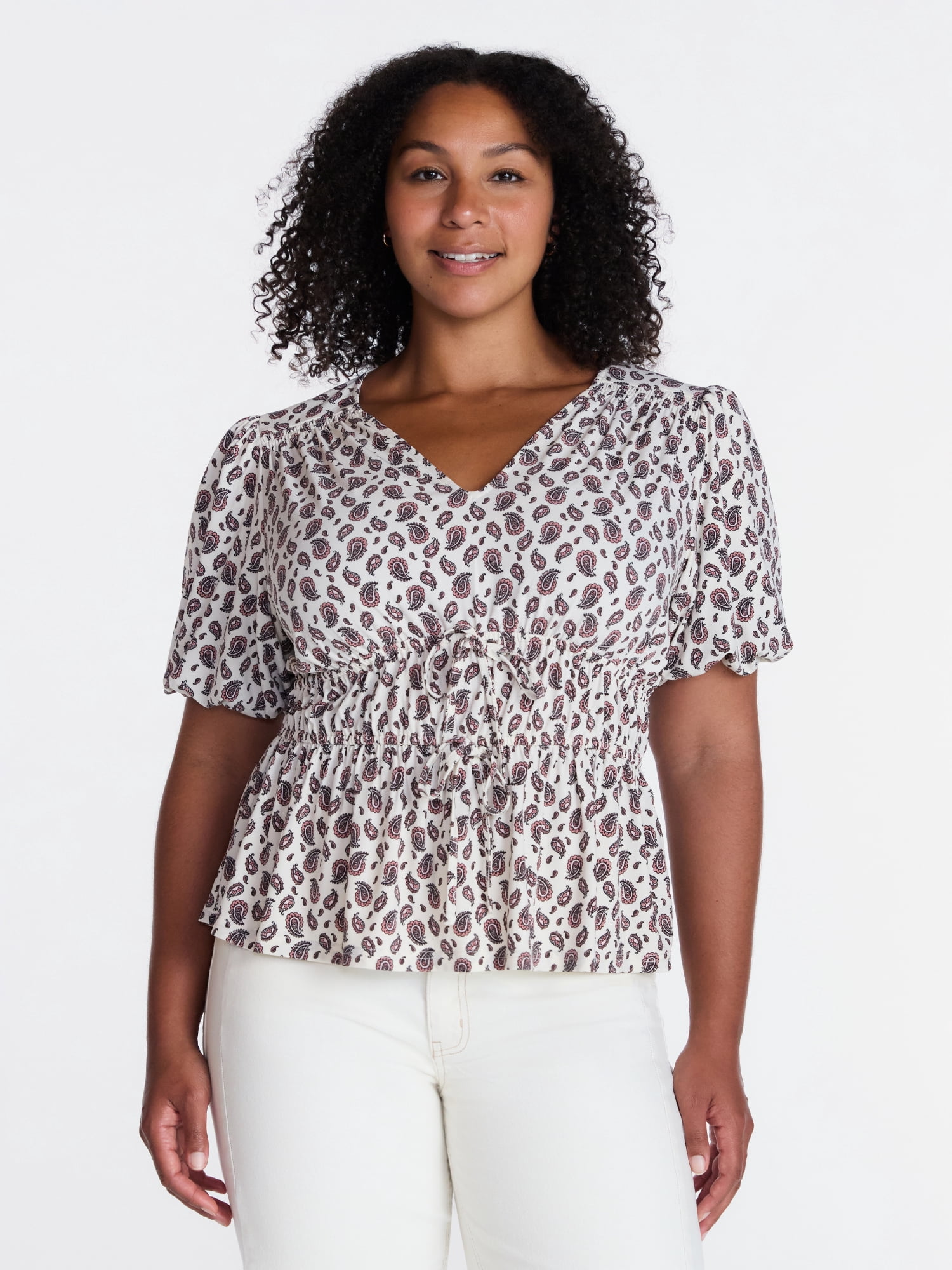 Time and Tru Women's and Women's Plus V Neck Shirred Peplum Top, Sizes XS-XXXL