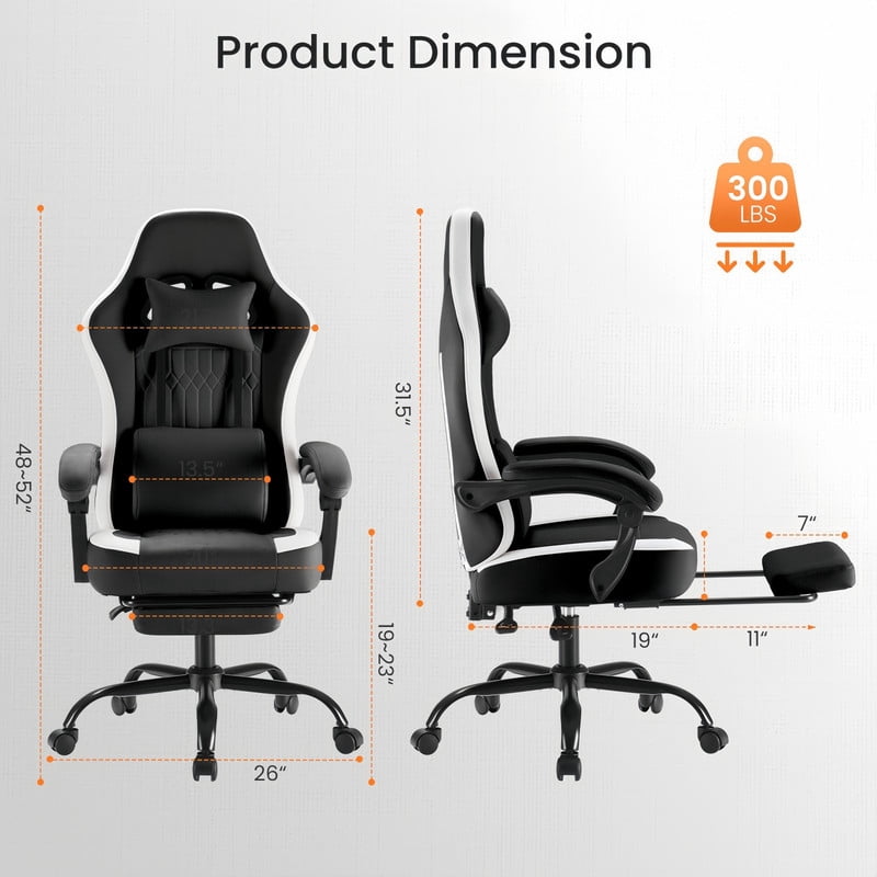 Kelno Ergonomic Gaming Chair with Footrest Lumbar Support Adjustable High Back Swivel Office Chair, Black