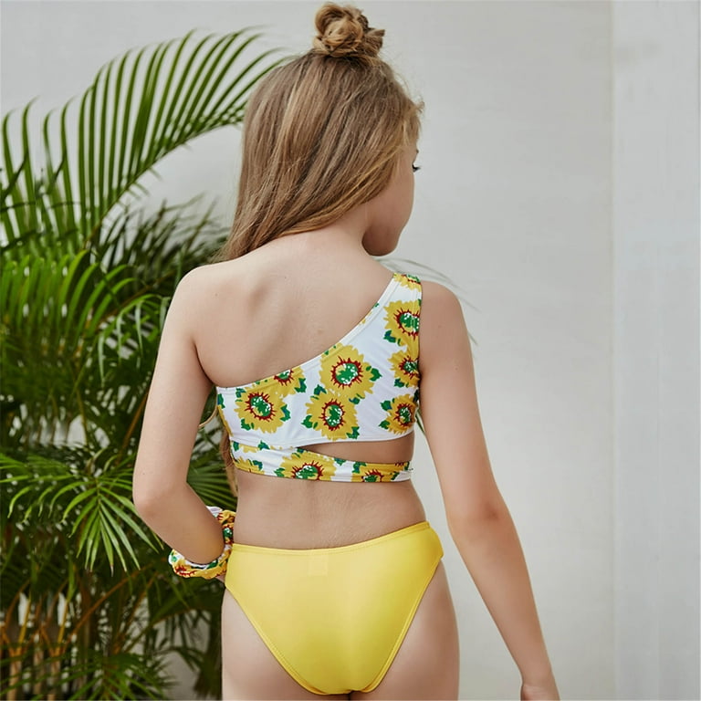 Toddler Baby Girls Two Piece Swimsuit Bikini One Shoulder Sleeveless  Printed Swimwear Summer Cute Backless Beach Bathing Suits