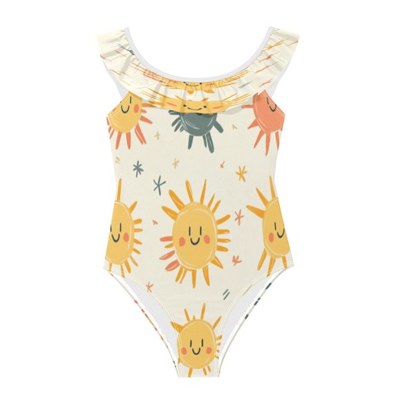 Girls Ruffle One-Piece Swimsuit Girls' One-Piece Swimwear Printed Kids Bathing Suit Soft Stretchy Swimwear for Beach Pool Cartoon Smiling Sun 3Years