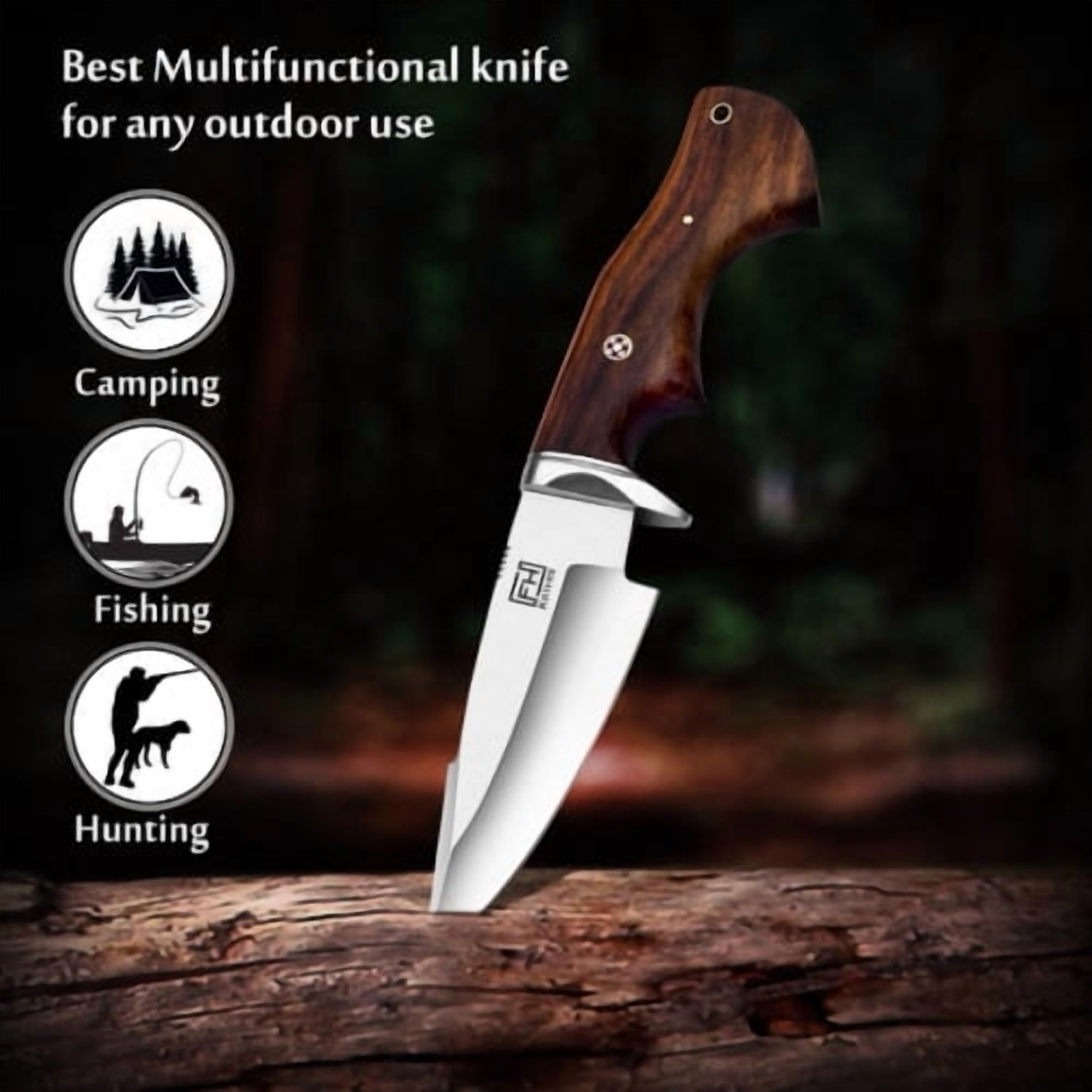 Stainless steel knife 10' , leather sheath, Camping, Fishing, Hunting -FH Knives